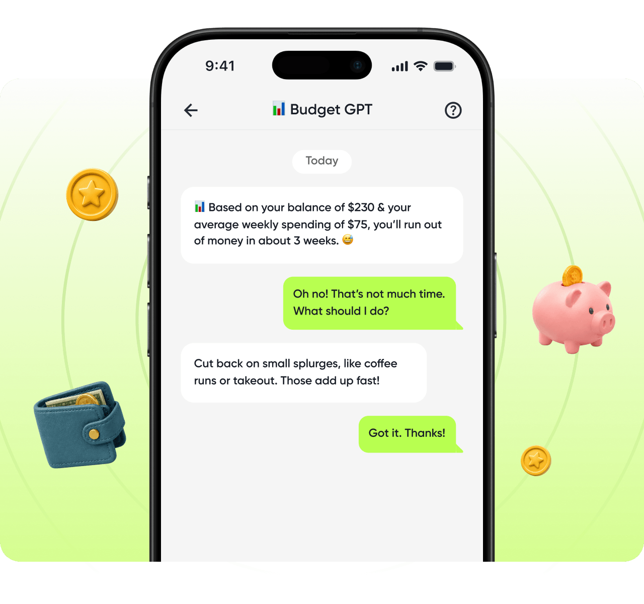 Budget GPT chat preview with savings insights